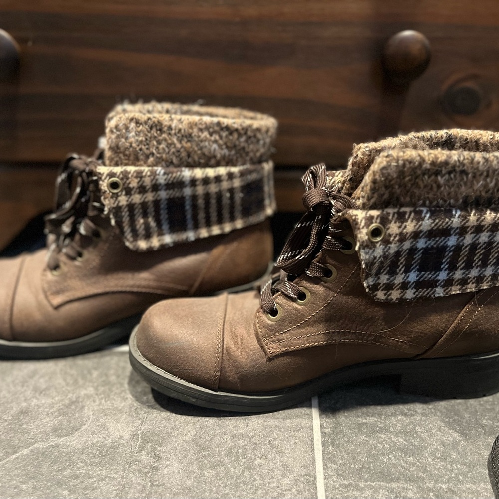 Brown Plaid Fold-Over Ankle Boots